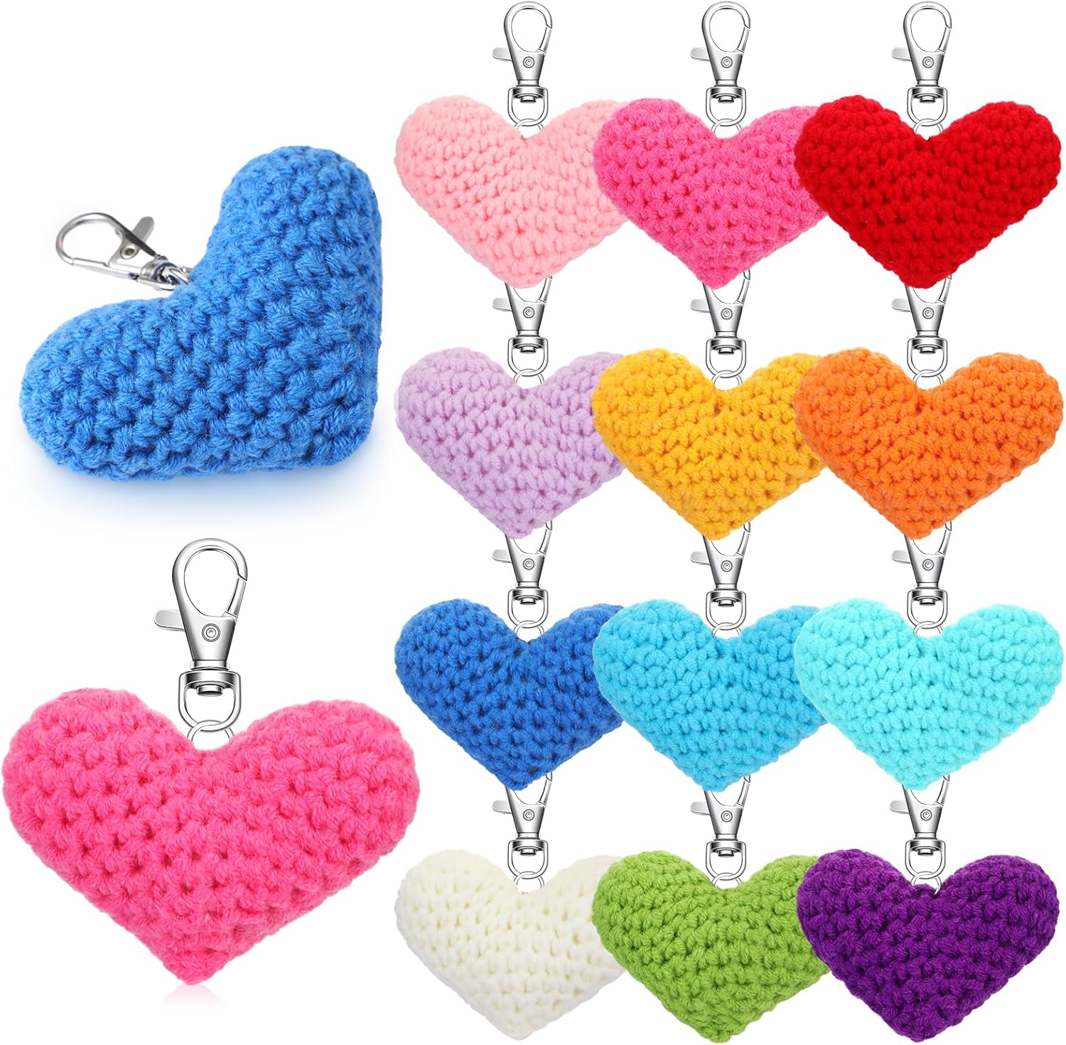 Tondiamo 12-Pack Crochet Heart Keychains - Valentine's Day Favors, Employee Appreciation Gifts, Multicolor Bulk Keyrings for Lovers & Parties