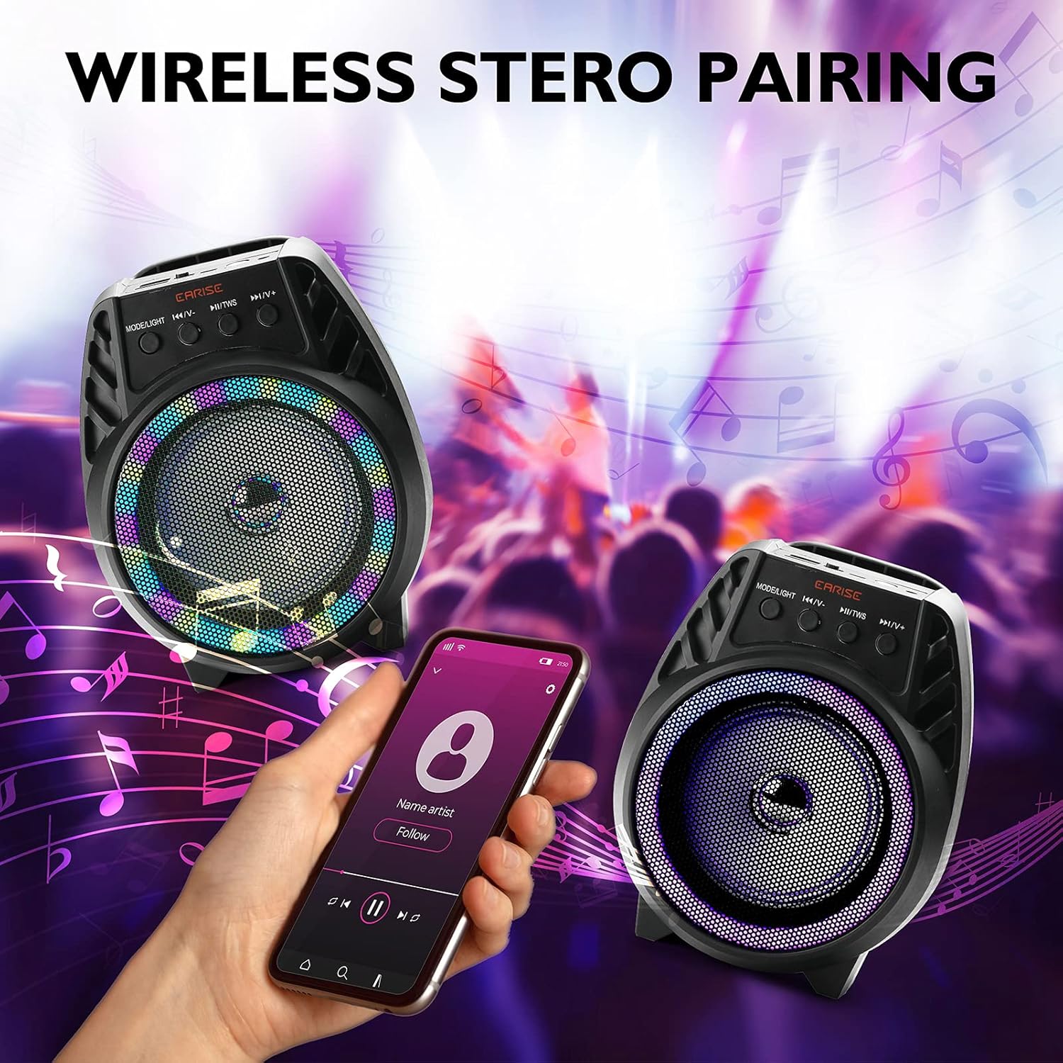 Two EARISE D51 speakers with a smartphone demonstrating wireless stereo pairing