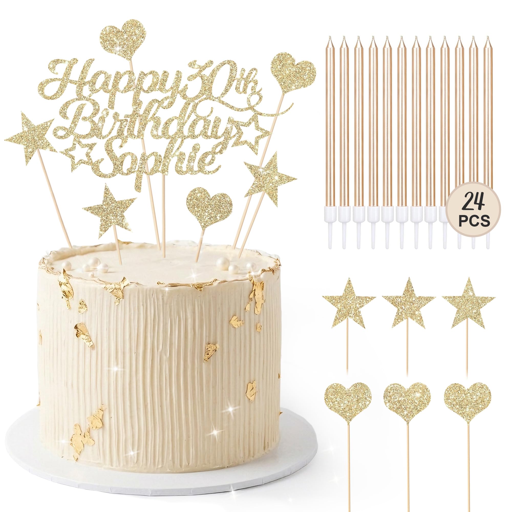 EDSG Personalised Birthday Cake Toppers with 24 Candles, Double-Sided Glitter Cake Decorations with Any Age Name, Birthday Party Supplies for Boys and Girls Women Man(Champagne Gold with 24 Candles)
