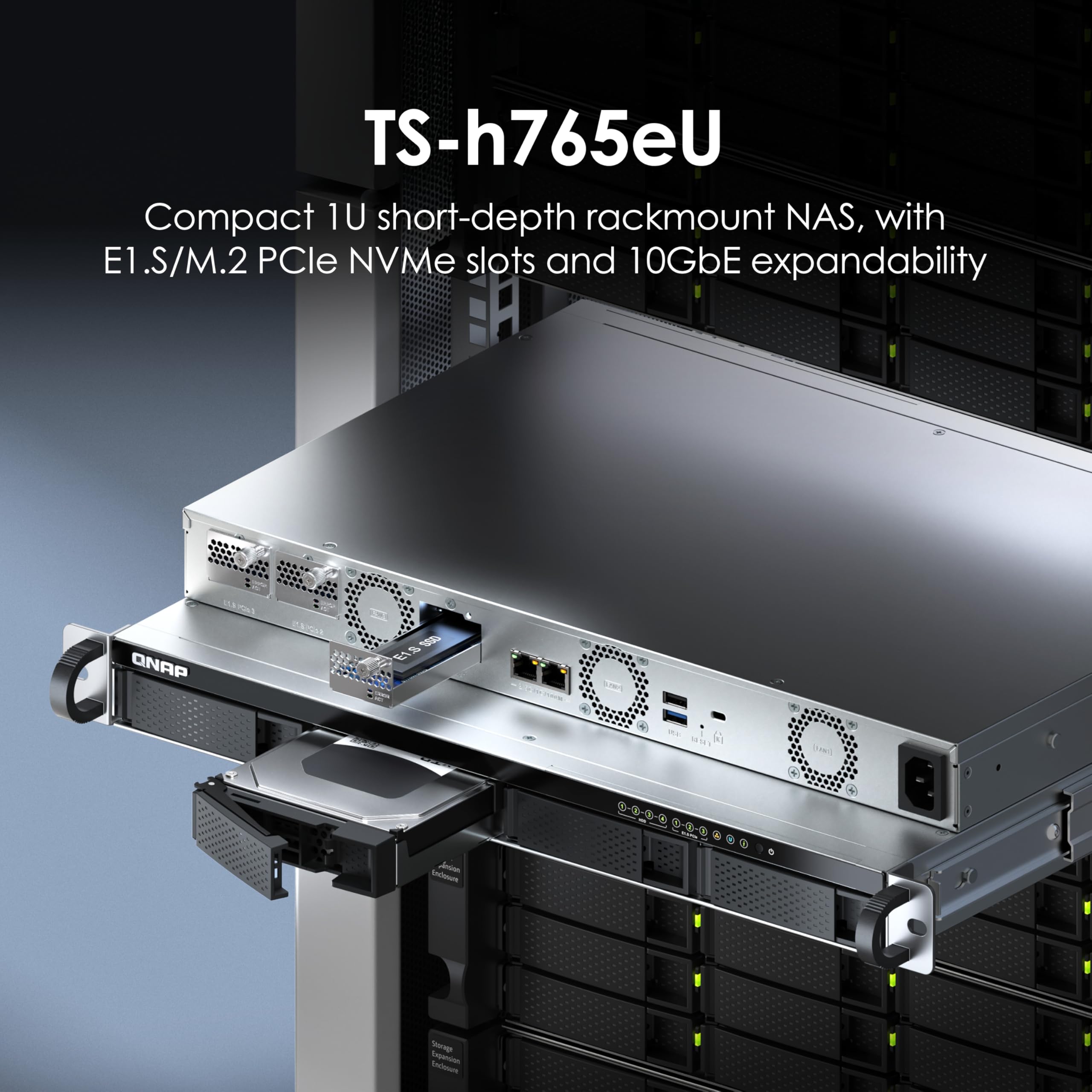 QNAP TS-h765eU-8G-US NAS a 4 alloggiamenti a breve profondità 1U con 3 slot NVMe PCIe E1.S/M.2