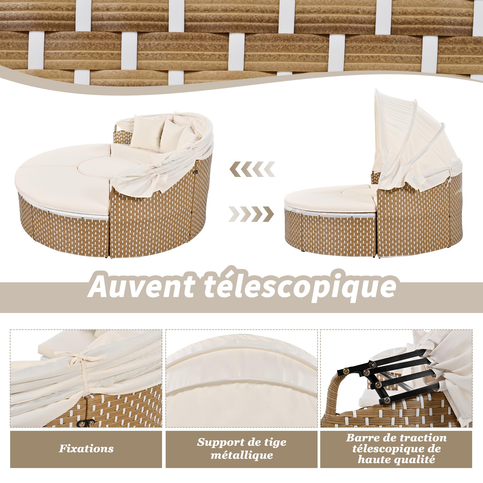 Set di poltrone da giardino, isola, tavolo da giardino e sedie in rattan, letto a conchiglia, baldacchino allungabile, piano sollevabile (beige)
