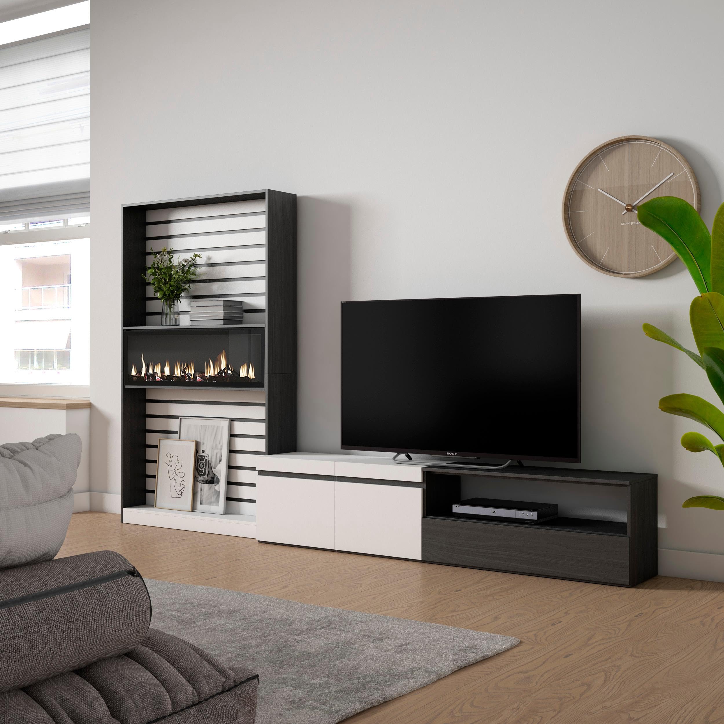 Skraut Home | Muebles de Salón para TV | Conjunto de Muebles Comedor | 210x186x35cm | para TV hasta 80" | Chimenea eléctrica | Estilo Moderno | Blanco y Negro