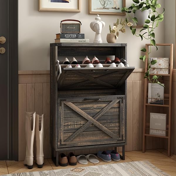 Maupvit 24 W Farmhouse Shoe Cabinet Storage for Entryway, Freestanding Organizer with 2 Flip Drawers, Narrow Shoe Rack C