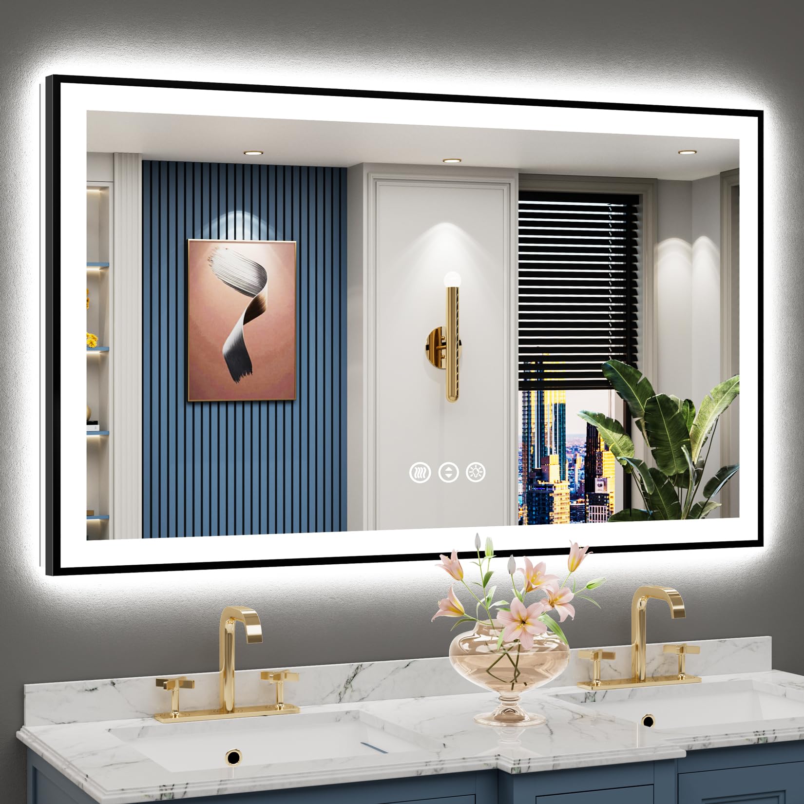50x30 Black Framed LED Bathroom Mirror with Lights, Backlit and Front Lit Anti-Fog Lighted Vanity Mirror for Bathroom Wall, Dimmable, 3 Colors, Memory, Shatter-Proof, HD Tempered Glass, CRI 95