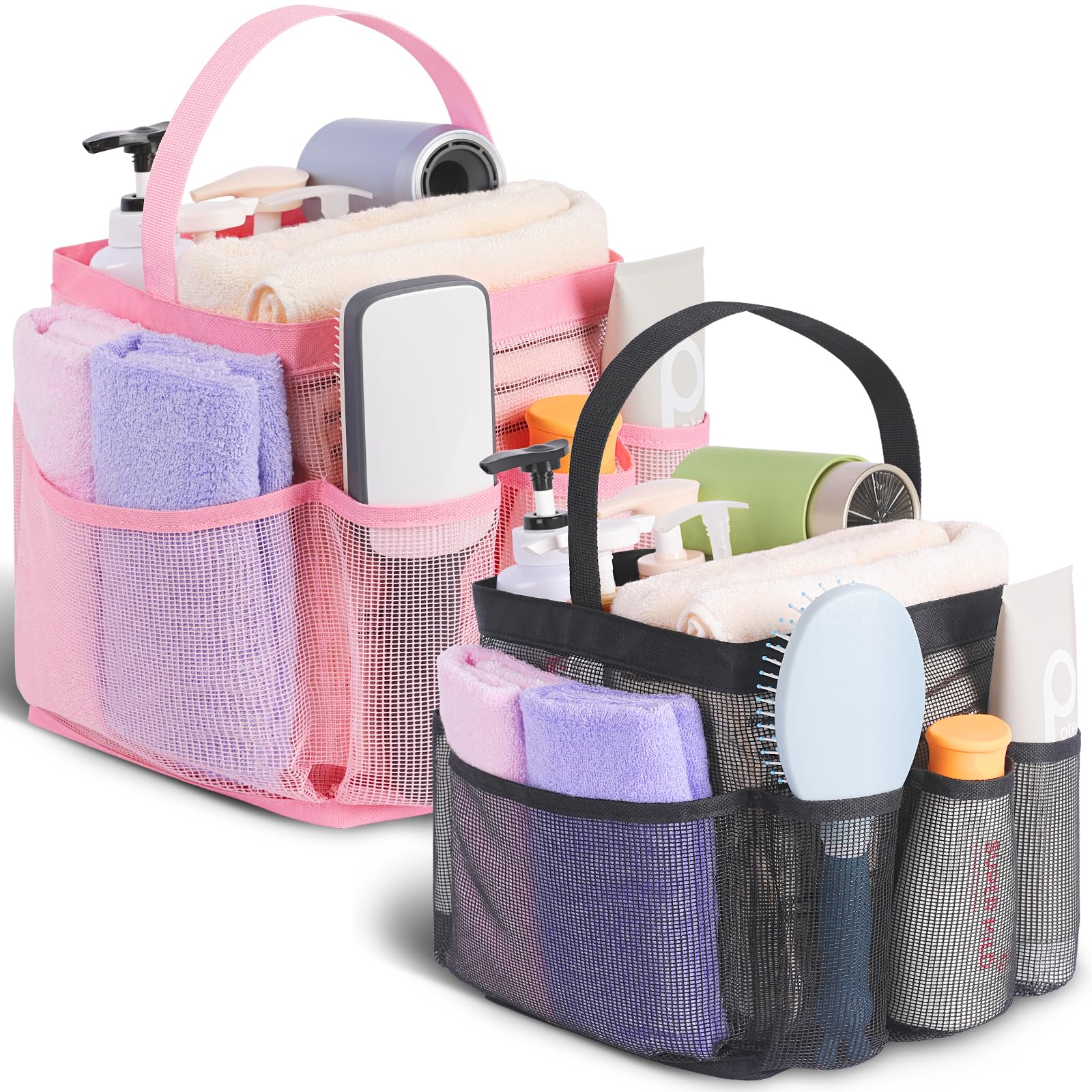 EUDELE 2 Pack Mesh Shower Caddy Portable for College Dorm Room Essentials, Shower Caddy Dorm with 9-Pocket Large Capacity,Shower Bag for Beach,Swimming,Gym All Black+All Purple