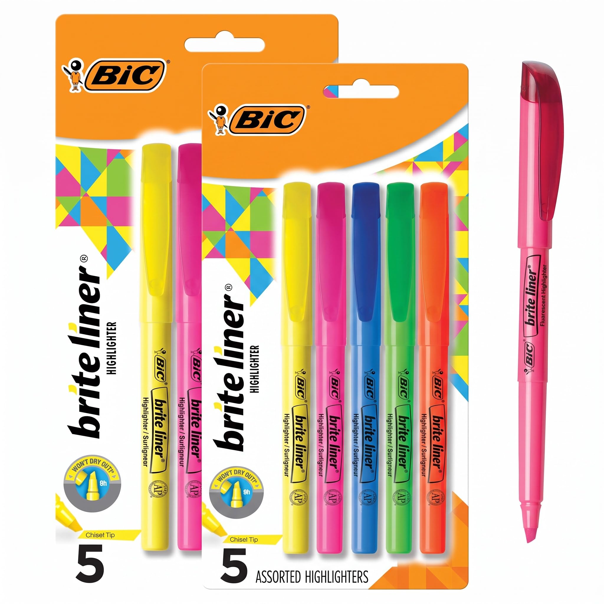 BIC Brite Liner Highlighters, Chisel Tip, 5-Count | Assorted Colors | Pack of 2