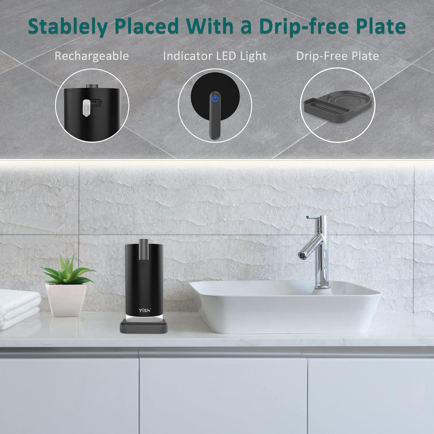 Touchless Automatic Foaming Soap Dispenser: YISH Bathroom Countertop Soap Dispenser Black Electric Hand-Free Soap Dispenser Rechargeable Auto Non-Touch Foam Soap Dispenser for Kitchen : Home & Kitchen