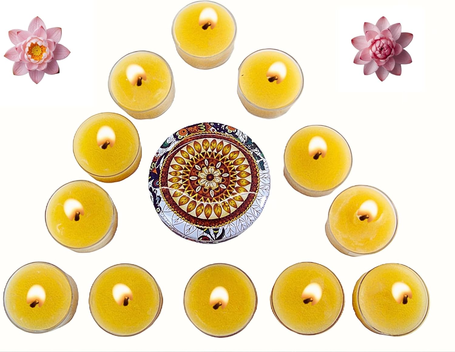 Velas de Té artesanales. Cera de Abeja 100% Natural Española (Pack 12) +1 Portavelas, NO Parafina, Aroma a Miel