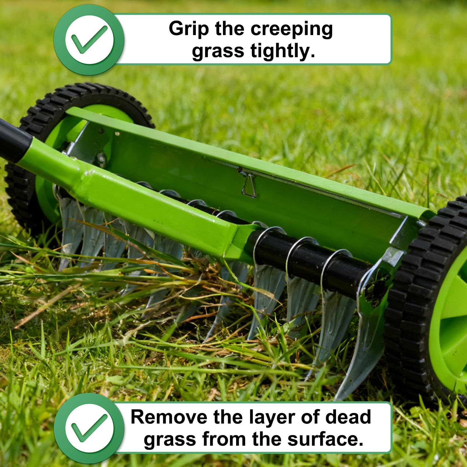 Rastrillo Escarificador de Césped Resistente, Multifuncional Rastrillo para Césped con Ruedas para Eliminar Residuos y Mantener el Jardín