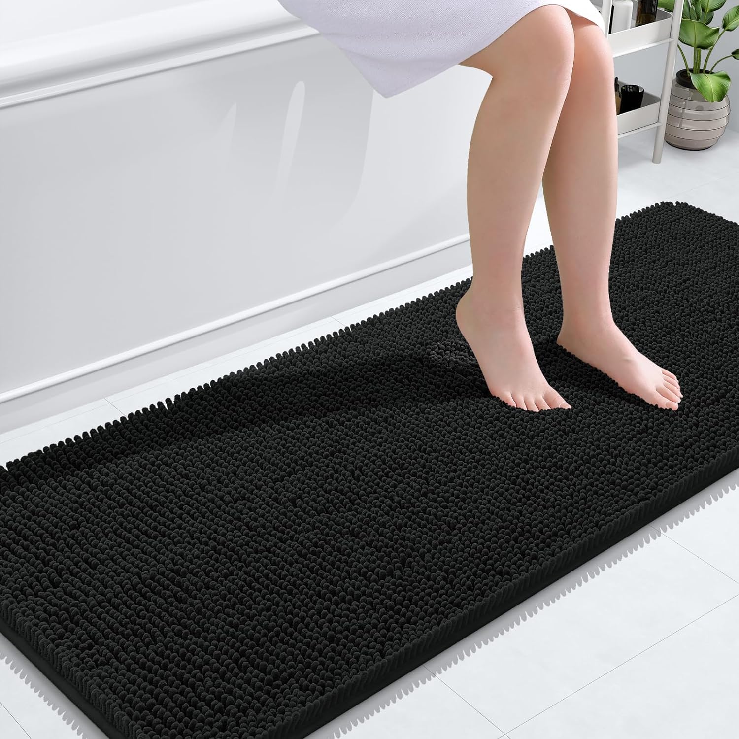 OLANLY Chenille Bath Rugs and Toilet Rugs U-Shaped, Bath Rug Size 59x24 and Toilet Rugs Size 24x20 in Black, 2 Item Bundle