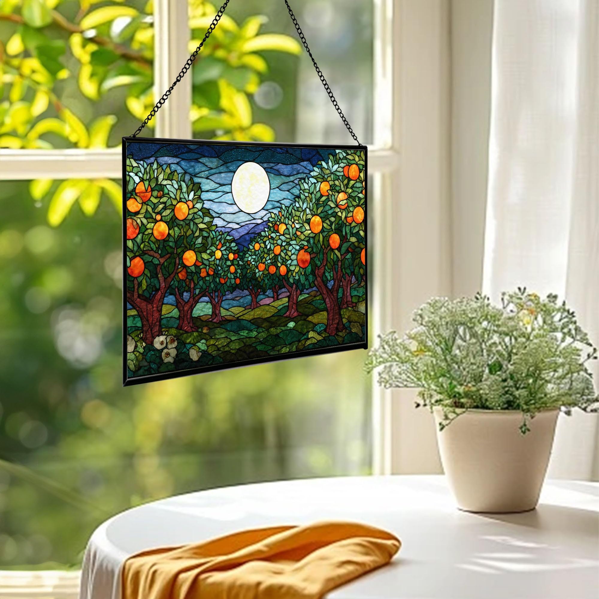 Glowing Moon Over Orchard Trees Rectangular Stained Glass Suncatcher – Hanging Window Panel with Animal & Nature Scene – Vibrant Glass Art Gift for Wildlife, Fantasy, Nature Lovers R7PJ6w