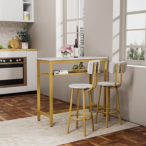 Miniatura 4 de Juego de mesa de comedor para 2, mesa de bar y sillas para 2, juego de mesa de bar pequeña de 3 piezas con 2 taburetes, parte superior de mármol