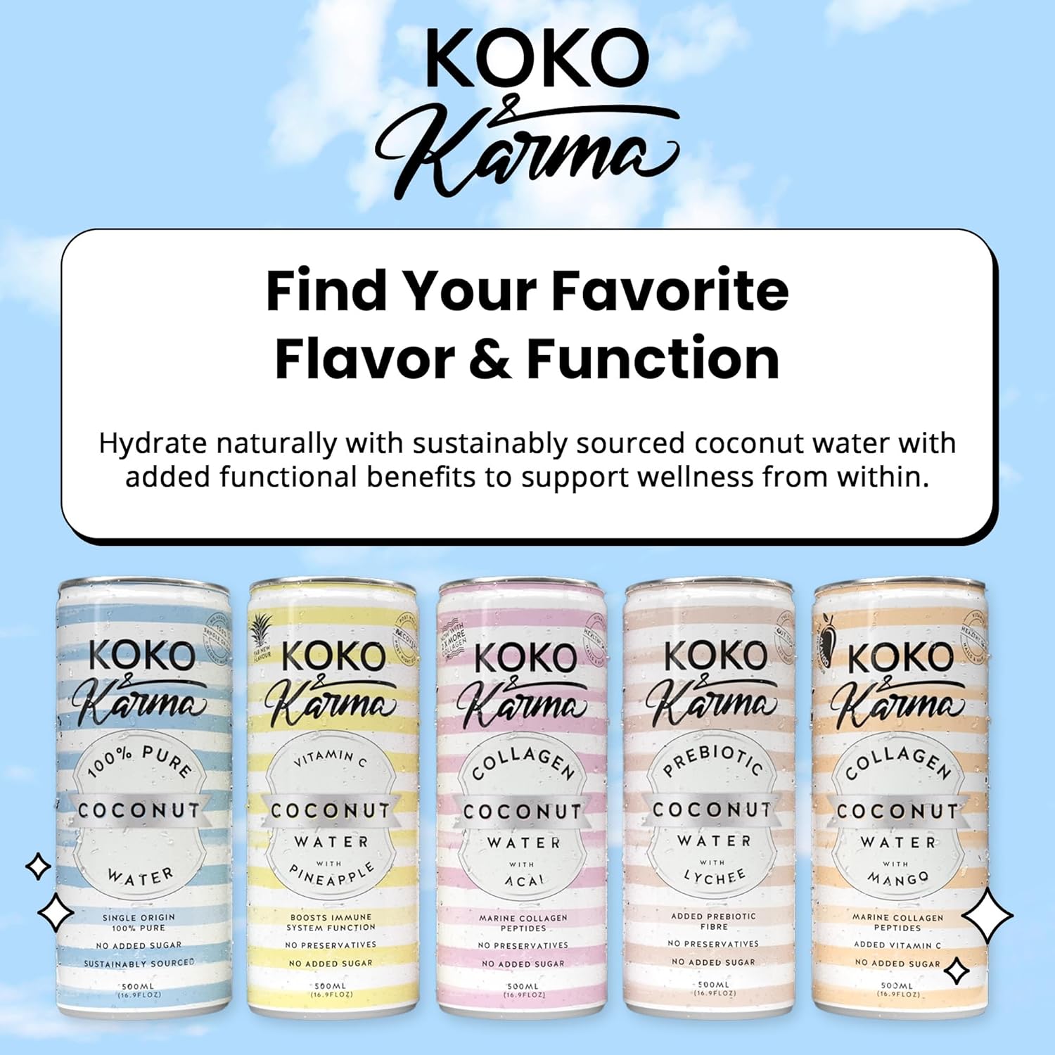 Koko & Karma - Collagen Coconut Water with Acai - Marine Collagen Peptides with No Preservatives and No Added Sugar - 12 Pack - 16.9 Ounce Cans