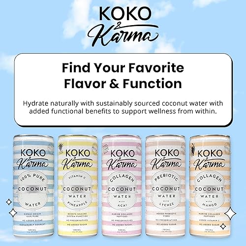 Miniatura 6 de Koko & Karma Agua de coco prebiótica con lichi, totalmente natural, sin azúcares añadidos, agua de coco pura y jugo de lichi, paquete de 12, latas