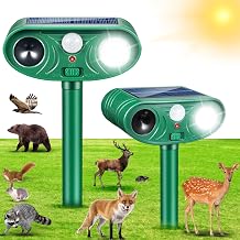 2026 Upgraded Solar Animal Repellent Outdoor 2 Pack Ultrasonic Deer Deterrent Devices with Motion Sensor Strobe Light, IP65 Waterproof Cat Raccoon Rabbit Squirrel Repeller to Protect Yard Garden