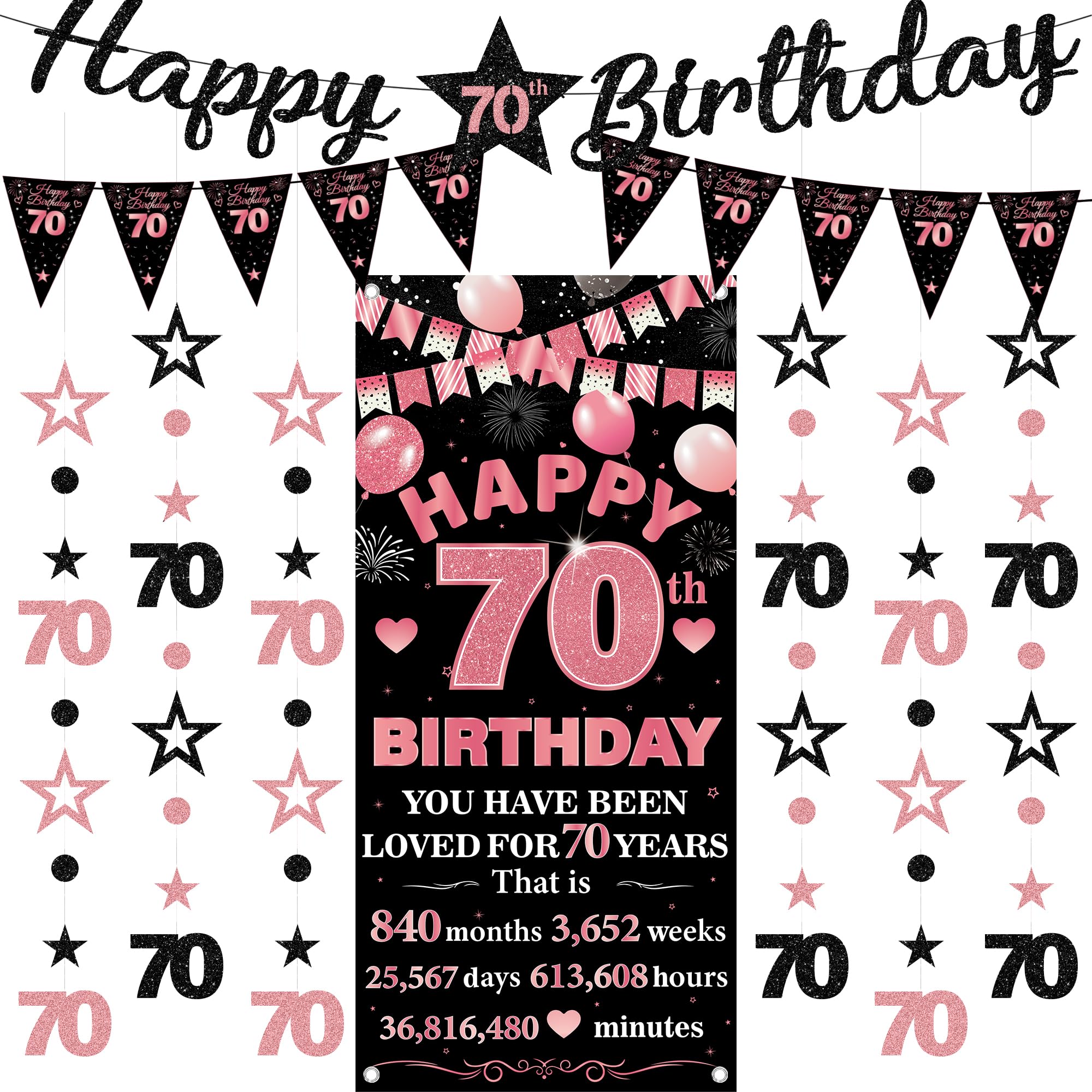 70th Birthday Decorations Banner Women - 9 Pcs Black Rose Gold Bannes Backdrop Number Star Dot Glitter Hanging Garlands Kit for Women Happy 70 Years Old Birthday Party Decor Supplies