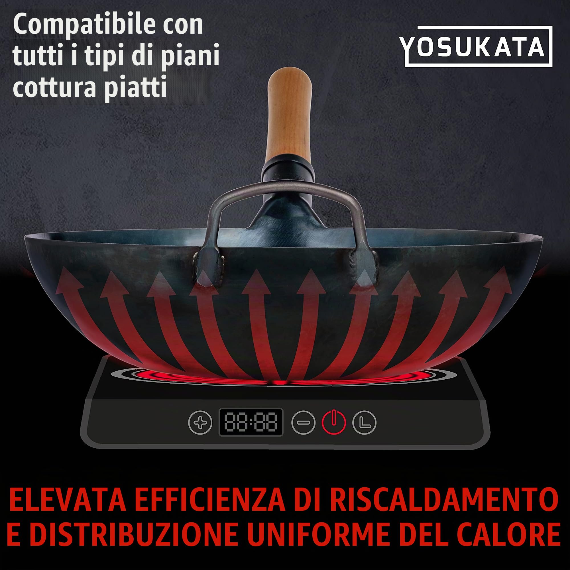 YOSUKATA Wok Padella Professionale 34 cm - Tradizionale Wok Acciaio al Carbonio Blu Fondo Piatto Precondizionato + Coperchio In Legno Per Wok 34 Cm