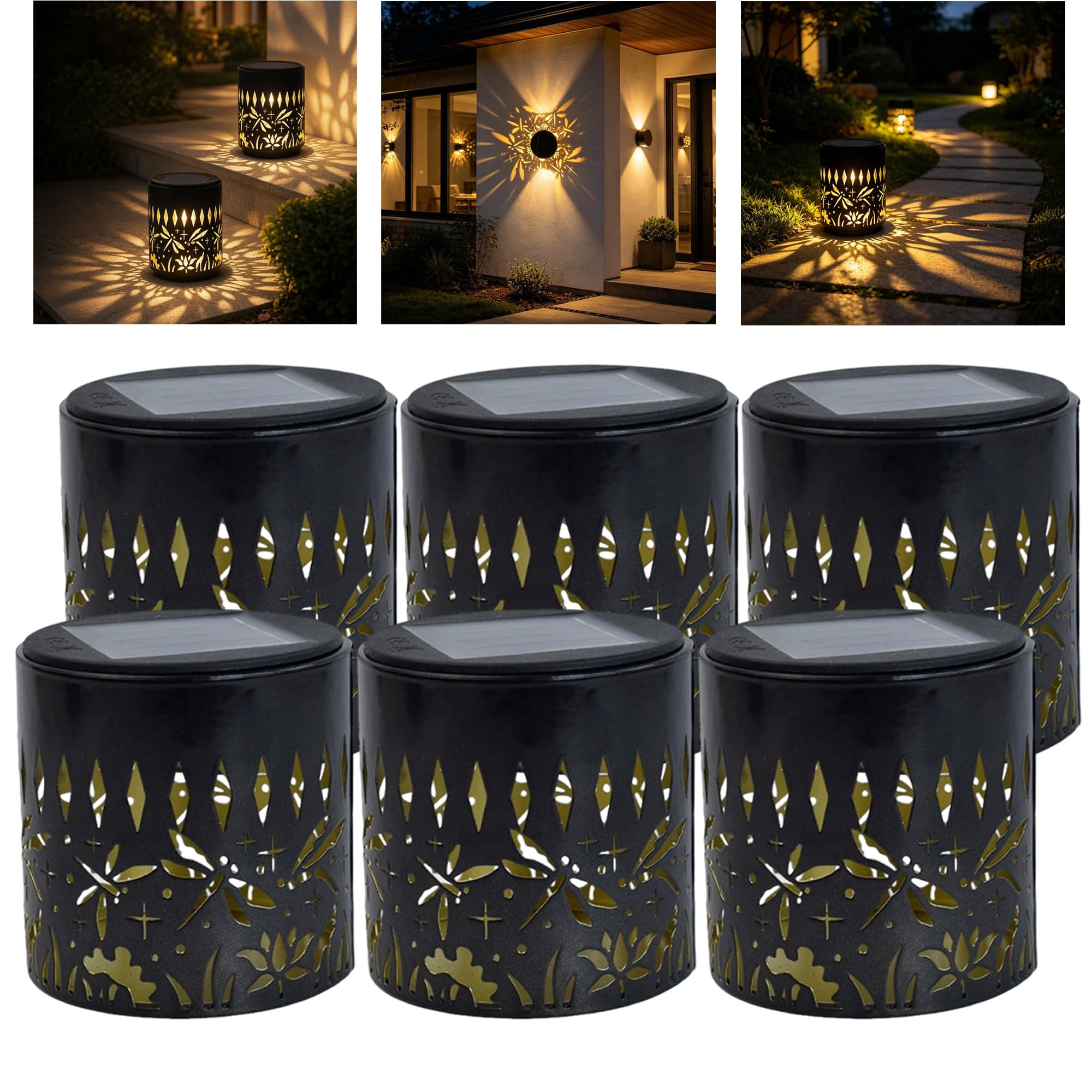 6 PCS Decorative Solar Mandala Lights, Solar Fence Lights Outdoor Waterproof | Hollow Dragonfly Pattern Sola-r Powered WallLights for Backyard Patio Deck Garden Decor