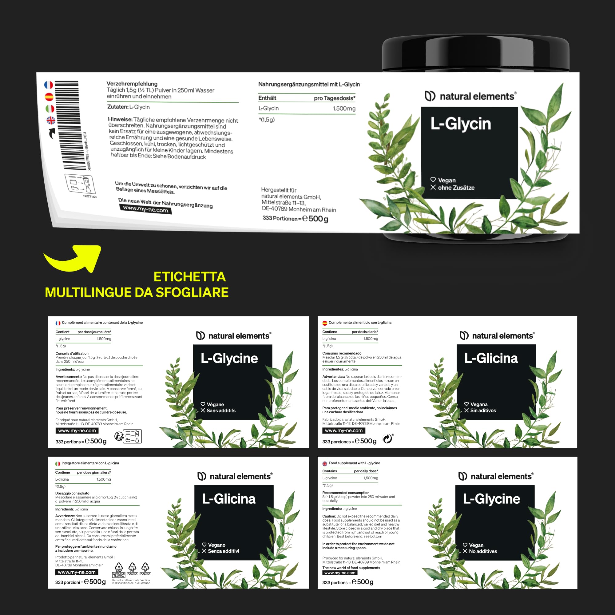 L-Glicina in polvere – 500 g (scorta di 11 mesi) – gusto neutro – vegana, dosaggio ottimale, senza additivi – prodotto e testato in laboratorio in Germania