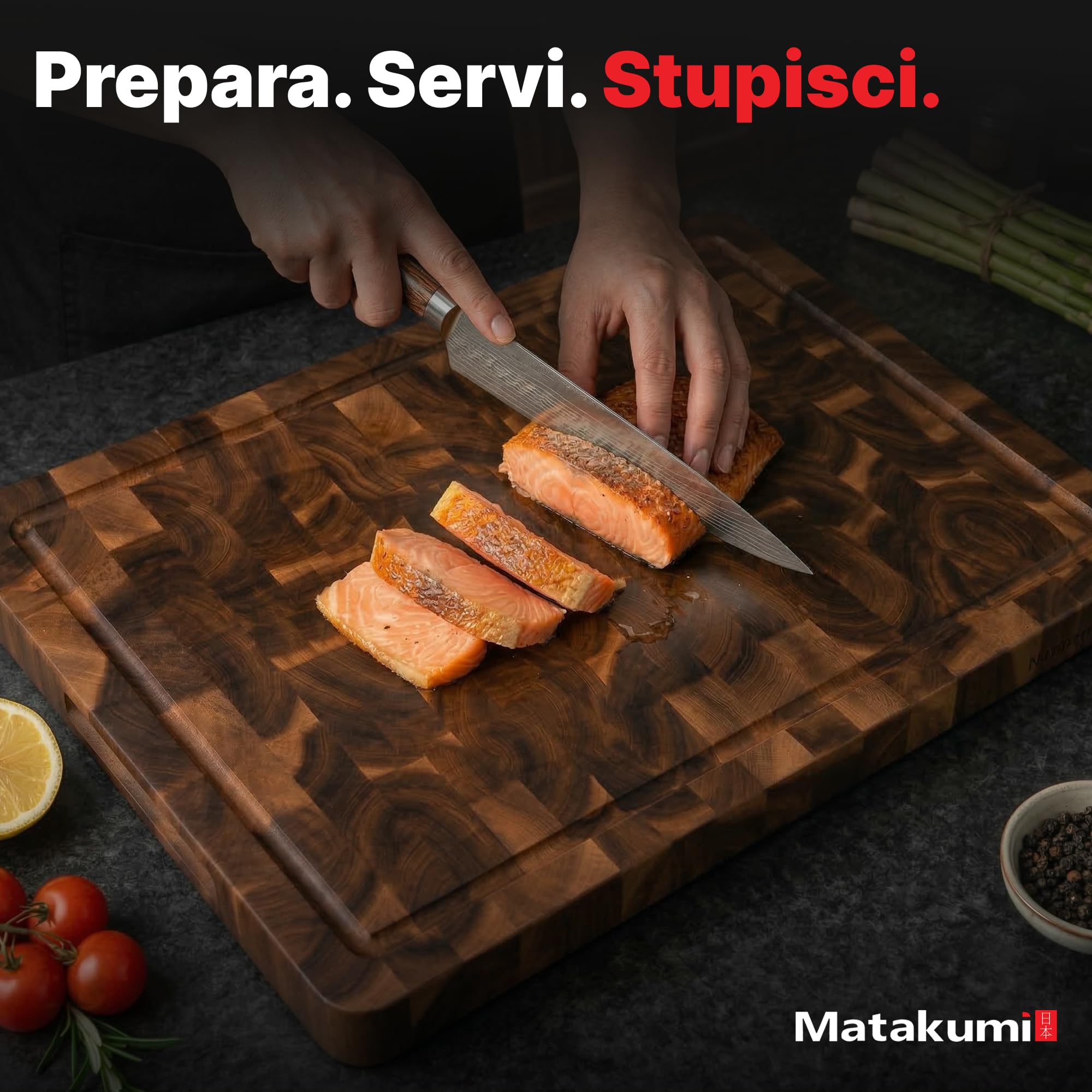 Matakumi Tagliere Legno – Tagliere in Legno di Acacia con Manici Laterali, Scanalatura per Il Succo e Legno di Testa per Mantenere Il Coltello Affilato – A Due Lati (40 x 30 x 3 cm)