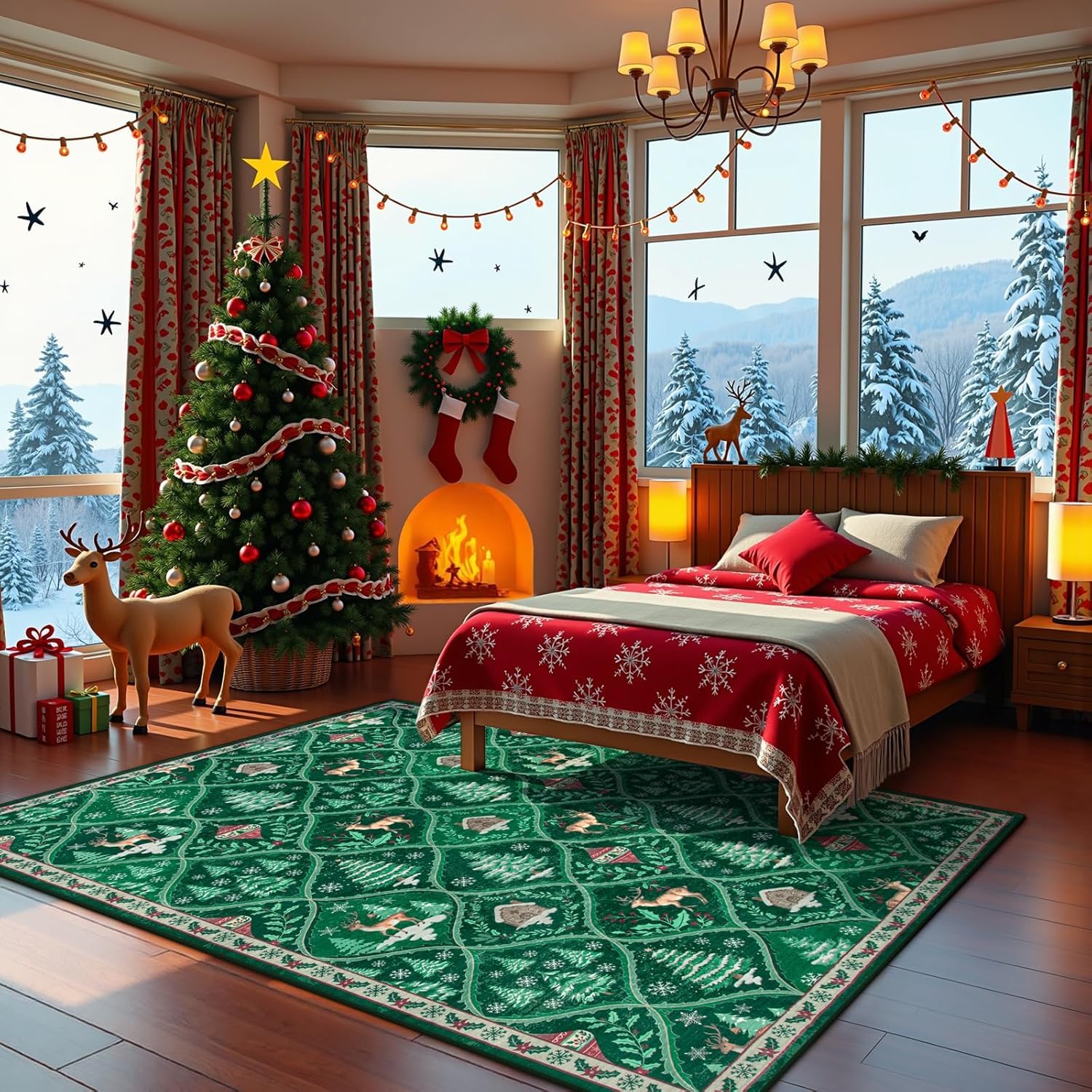 Alfombra navideña con estampado de renos navideños para el dormitorio, grande, lavable, suave, alfombra de Navidad, resistente a la suciedad (color 2, 100 x 150 cm)