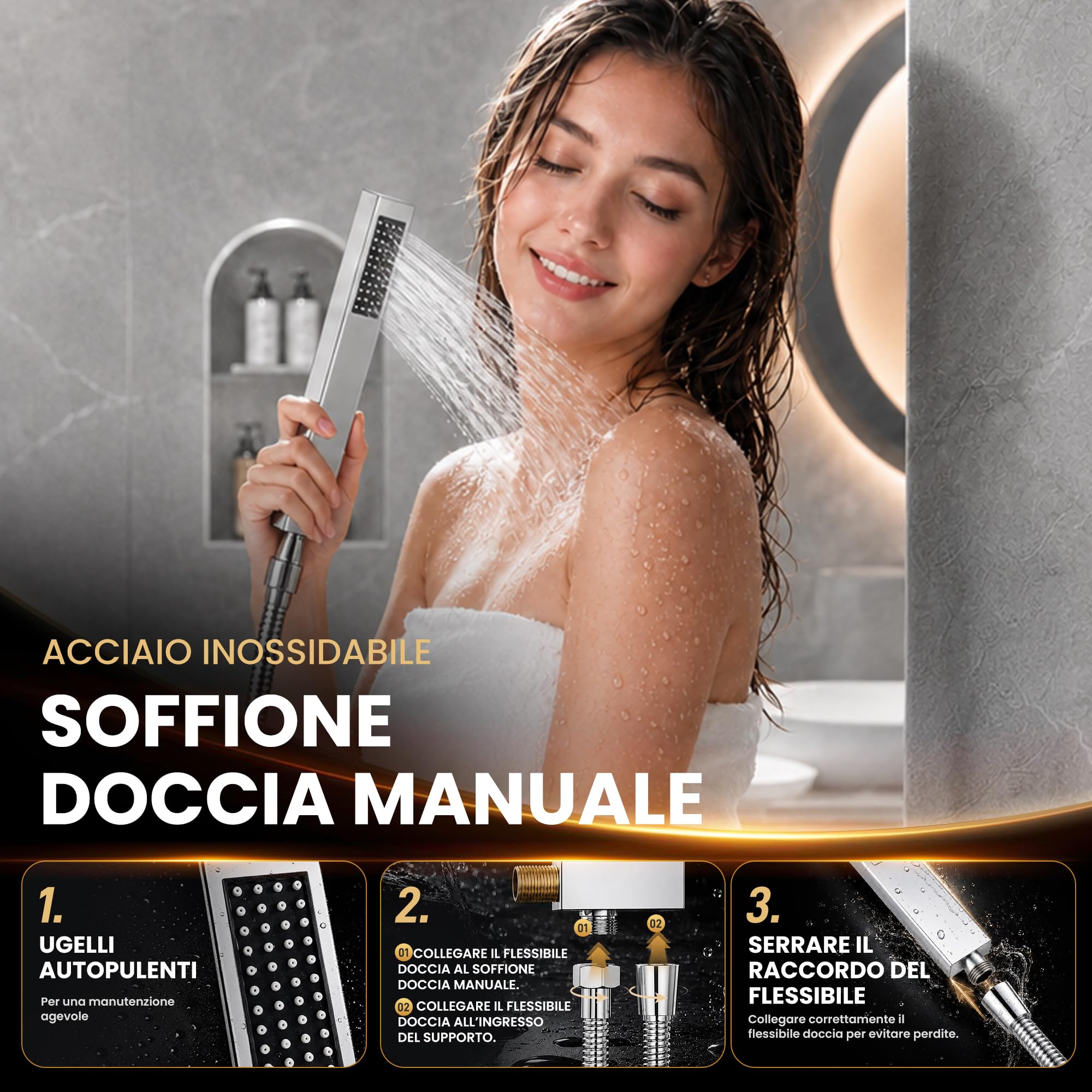 Set Doccia Incasso con Soffione a Pioggia 30 cm, Cromo Lucido | Corpo Valvola in Ottone, Cartuccia di Bilanciamento Della Pressione in Ceramica, Soffione Pioggia e Doccetta in Acciaio Inox