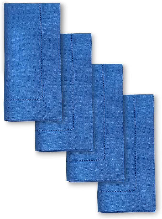 Solino Home Linen Napkins Set of 4 - Classic Hemstitch 100% Pure Linen Royal Blue Dinner Napkins Cloth 20 x 20 Inch for Summer - Handcrafted and Machine Washable