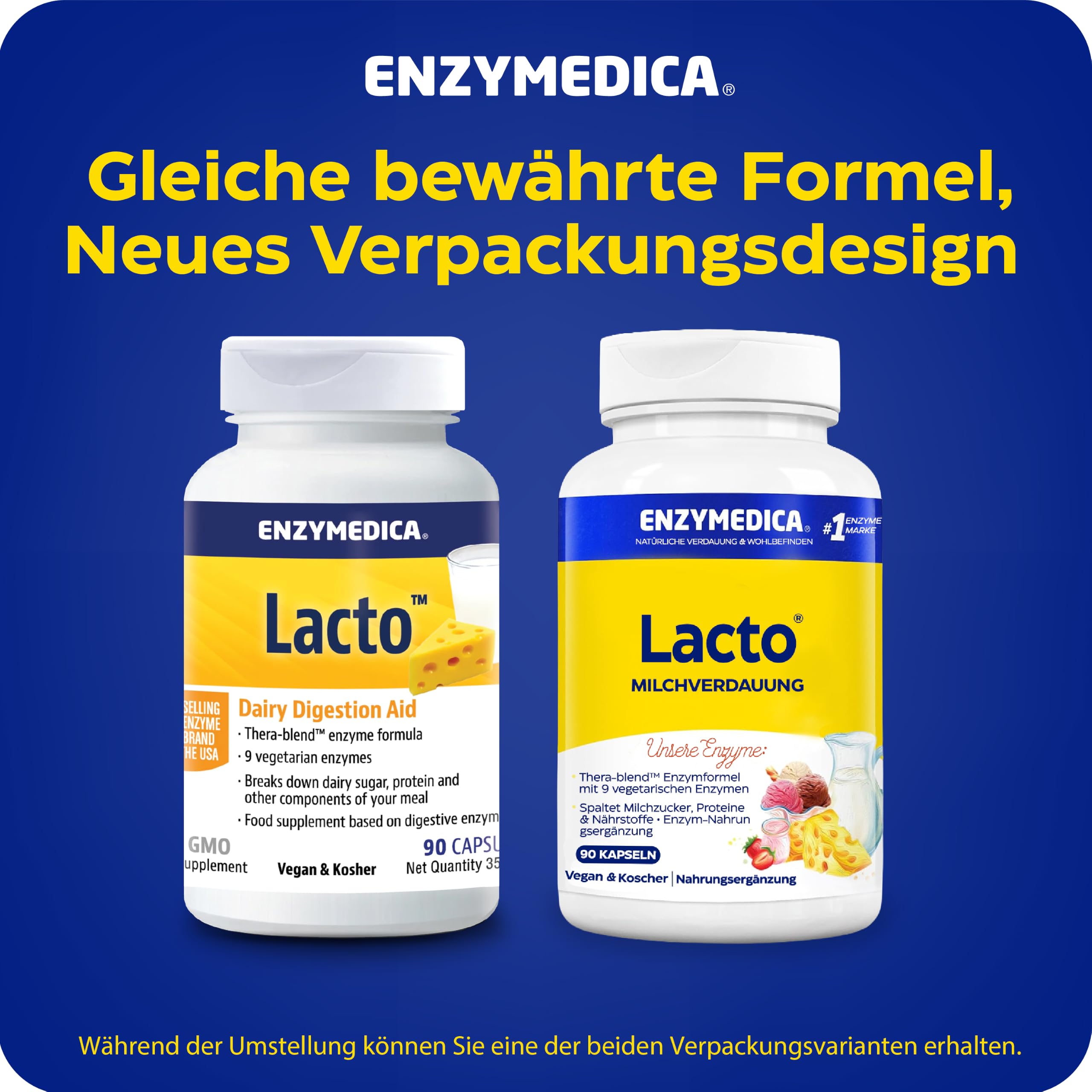 Enzymedica - Lacto, schnell wirkende Enzymformel bei Laktose- und Kasein-Intoleranz, reduziert Gase und Blähungen, angezeigt gegen Kreuzkontamination, glutenfrei, milchfrei, vegan, 90 Kapseln