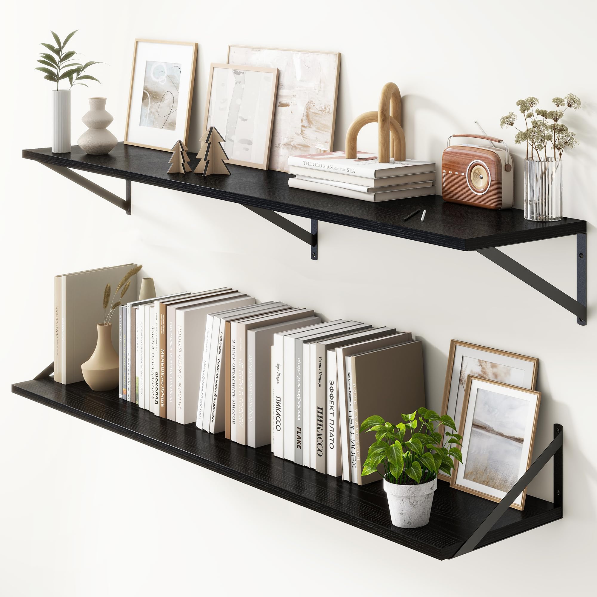 Floating Shelves 55 Inch Long, 10" Deep Floating Shelves, Black Wall Shelves 55 x 10, Set of 2, Wide Large Display Storage Shelves for Bathroom,