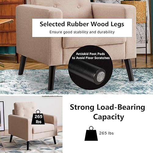 Miniatura 3 de Acento moderno, sillón de mediados de siglo con patas de madera de goma, sofá individual de lino con cojín de tela, sillón tapizado para sala de