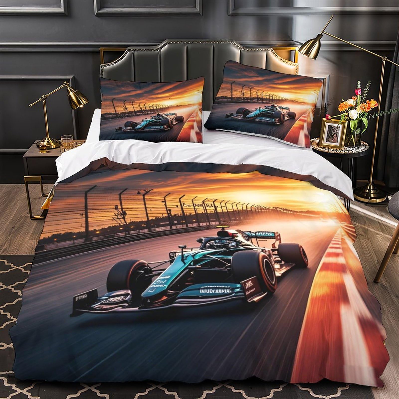 XiaopangXY Breathable Single（140x200cm） Formulaa Racing Quilt Cover Set With Hidden Zipper, Racing Car Duvet Cover Set with Pillowcases Bedding Set Soft Microfiber