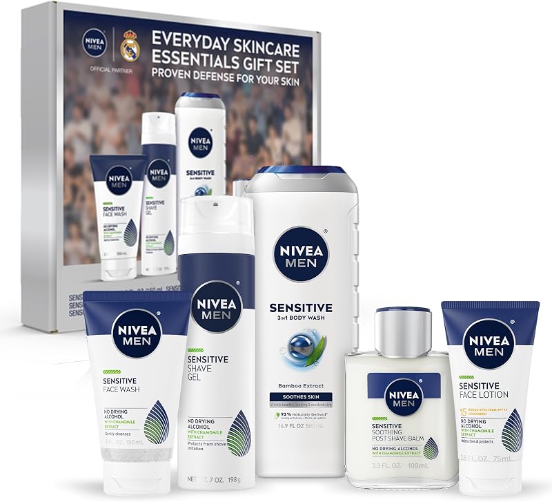 NIVEA MEN Set de cuidado de la piel sensible para hombres, paquete variado, 5 artículos | Jabón facial (5 OZ FL), Gel de baño (16,9 OZ FL), Gel de afeitar (7 OZ), Bálsamo para después del afeitado (3,3 OZ FL), Loción facial SPF 15 (2,5 OZ FL)