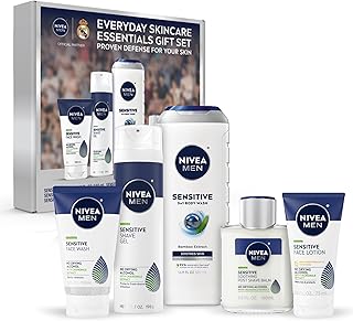 NIVEA MEN Sensitive Skin Care Set for Men, Face Wash, 5 Fl Oz + Body Wash, 16.9 Fl Oz + Shave Gel, 7 Oz + Soothing Post Shave Balm, 3.3 Fl Oz + Face Lotion SPF 15, 2.5 Fl Oz