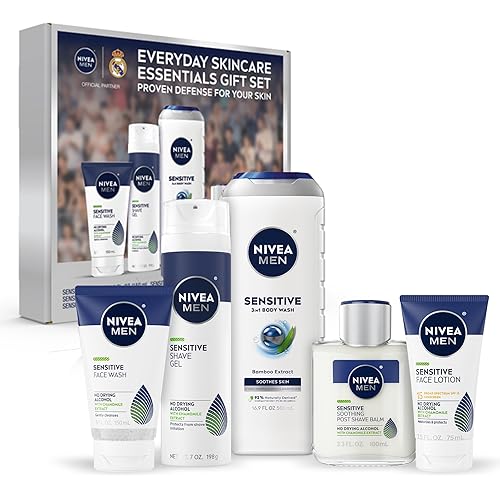 NIVEA MEN Sensitive Skin Care Set for Men, Face Wash, 5 Fl Oz + Body Wash, 16.9 Fl Oz + Shave Gel, 7 Oz + Soothing Post Shave Balm, 3.3 Fl Oz + Face Lotion SPF 15, 2.5 Fl Oz