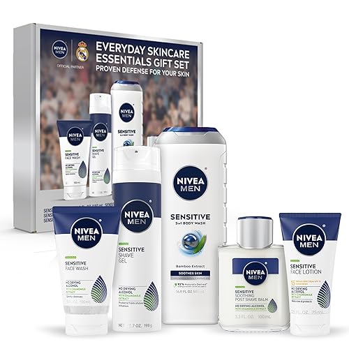 NIVEA MEN Set de Cuidado para Piel Sensible para Hombres, Jabón Facial, 5 onzas líquidas + Jabón Corporal, 16.9 onzas líquidas + Gel de Afeitar, 7