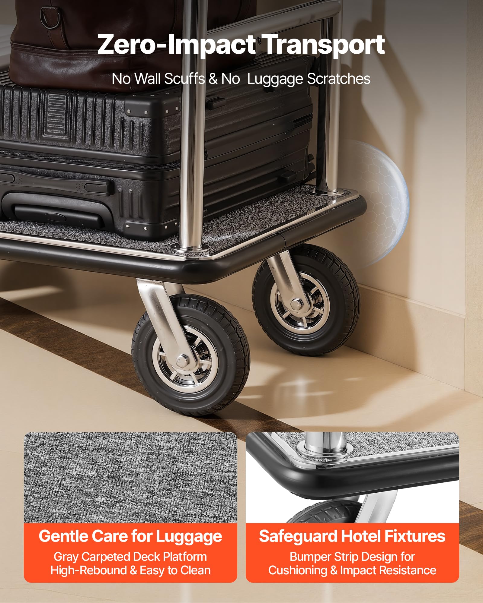 VEVOR Chariot à Bagages Hôtel, 544 kg, Chariot à Plate-Forme de Concierge, Finition INOX Brossé, avec Moquette Grise, Roues Caoutchouc 20,32 cm, Porte-Bagages pour Hôtels, Condos, Complexes Hôteliers