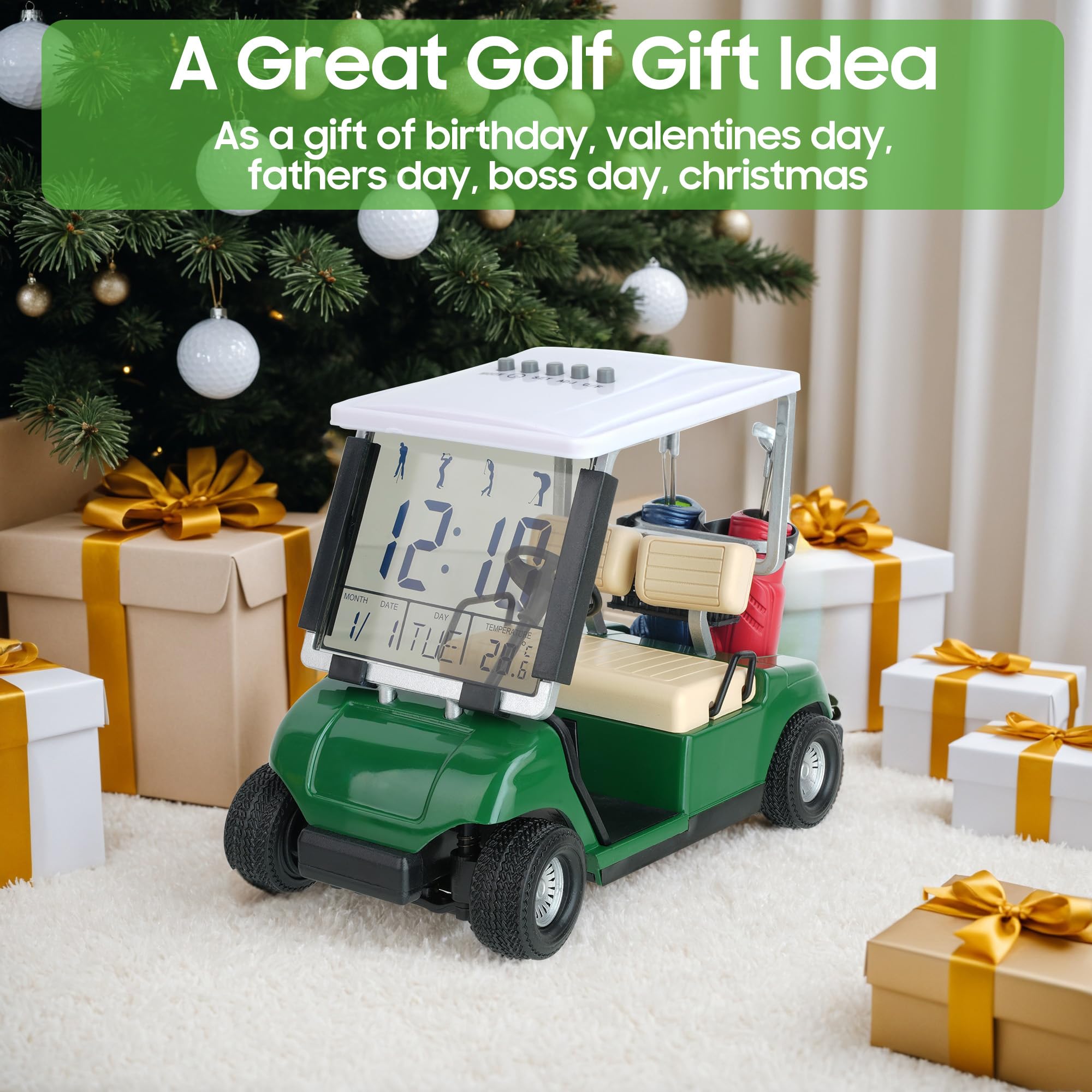 10L0L Mini reloj despertador para carrito de golf, pantalla LCD, calendario, regalos de golf para hombres, fanáticos, golfistas, recuerdo de carreras superiores, novedad (verde)