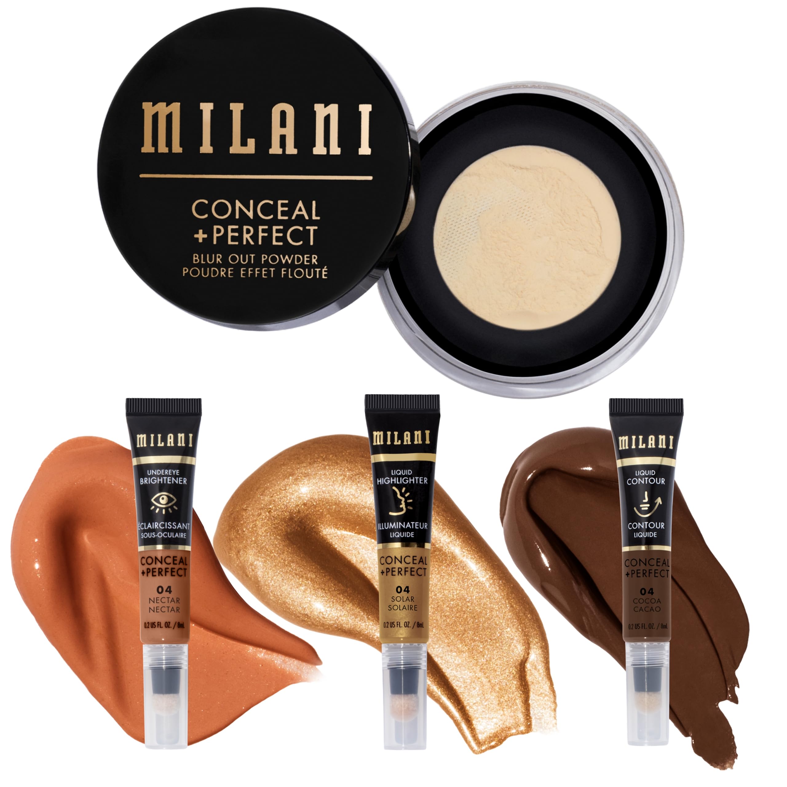 Milani Conceal Perfect Blur Out Powder and Facelift Collection Kit 4 Cocoa Contour Solar Highlighter Nectar Undereye Brightener