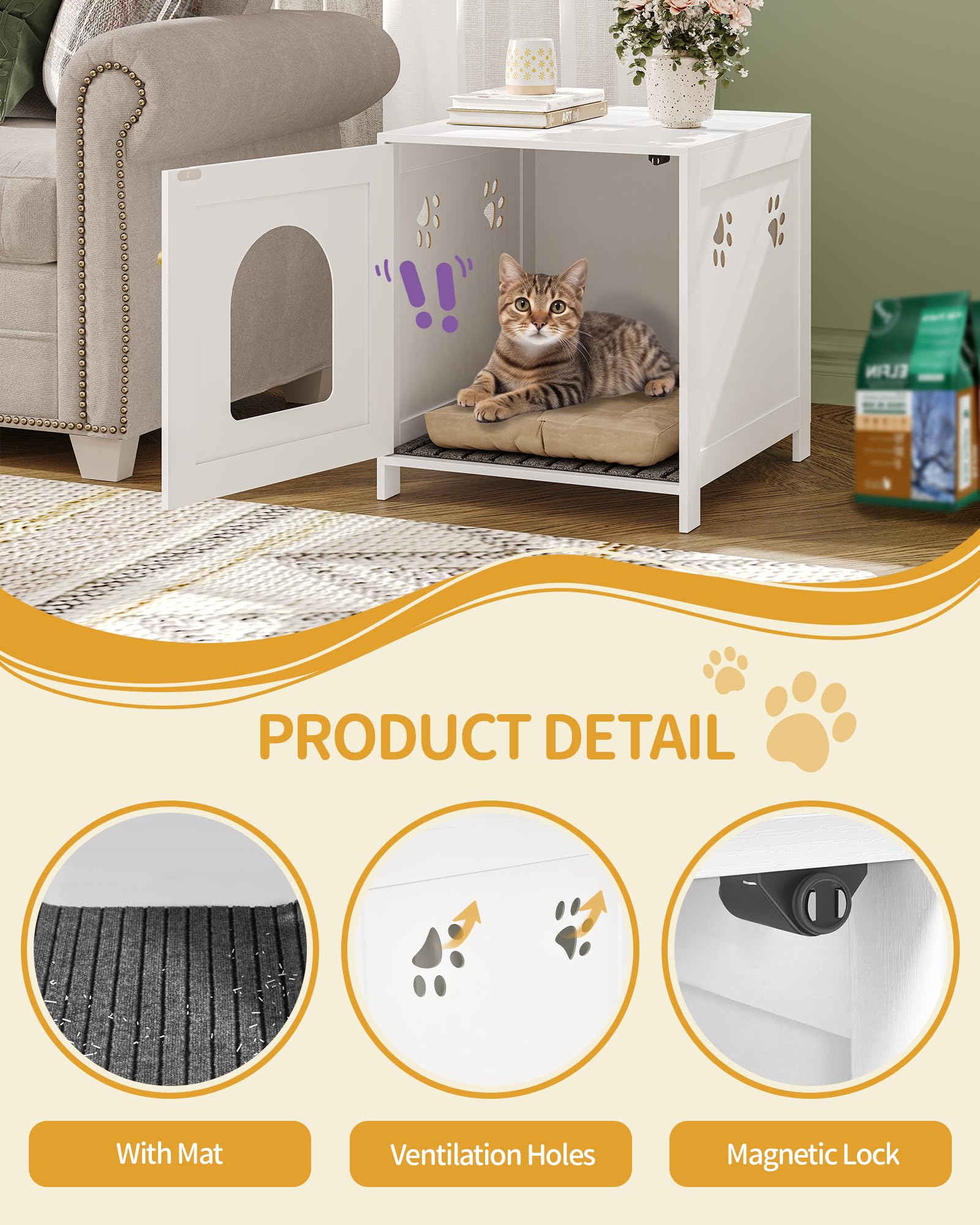 Hzuaneri Armario para Gatos, Mueble para Gatos, Mueble con Caja de Arena Oculta, Banco Armario para Gato, Lavabo de Madera para Sala de Estar, Dormitorio, Blanco CB82213X
