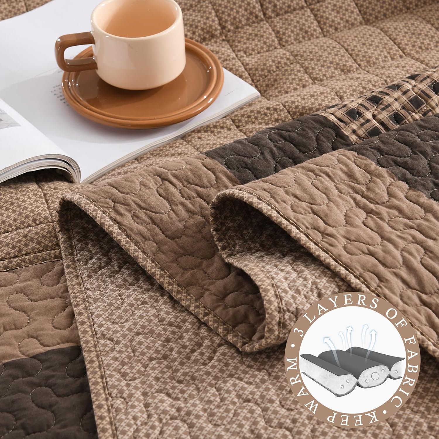 Farmhouse Bedspread King Size 120"x120" - 100% Cotton Lightweight Oversized King Quilt with 2 Pillowshams, Cottage Plaid King Quilted Bedding Bed Spread Coverlet, Brown/Beige/Wood - Image 4