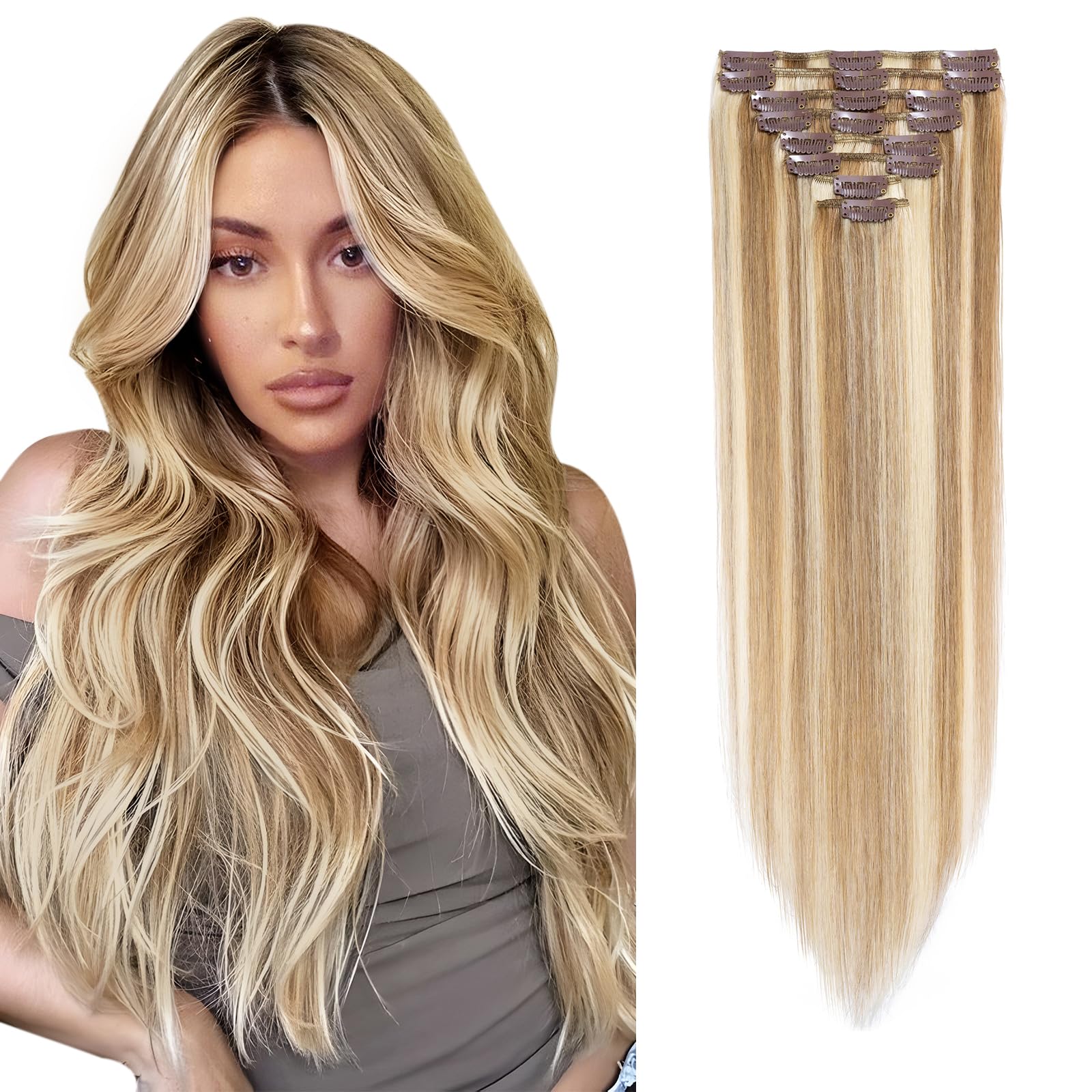 Elailite Hair Extensions Clip in Real Hair Remy Human Hair Full Head, 8 Pcs Invisible Thin Weft