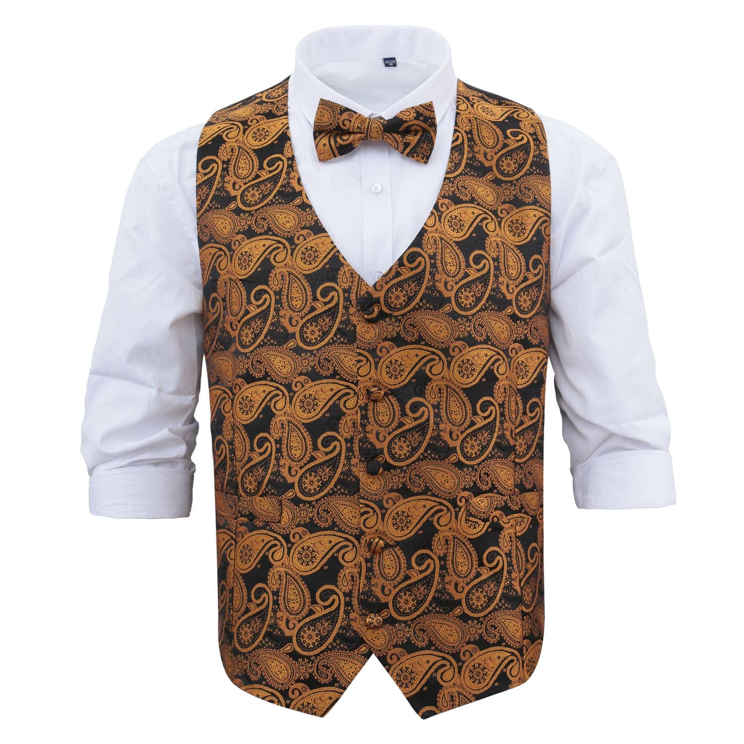 Dqt Men's Black & Gold Paisley Bohemian Wedding Waistcoat & Bow Tie Set – Formal Suit Groom Best Man – – 2XL (44")