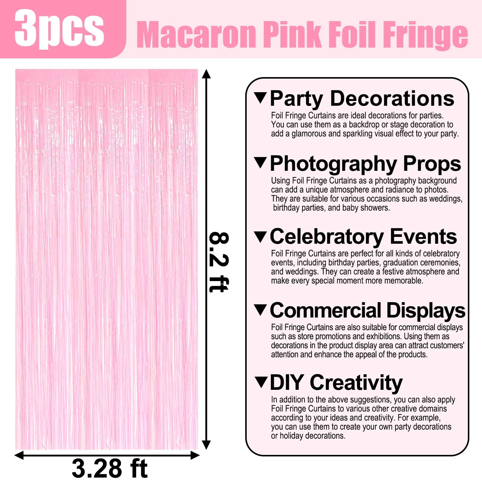 3 Pack Macaron Pink Foil Fringe Curtain Backdrop, 3.28Ft x 8.2Ft Metallic Tinsel Foil Fringe Streamer Curtains for Photo Booth, Mother's Day, Easter, Birthday, Wedding Party Decorations