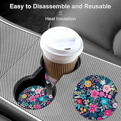 Miniatura 8 de Posavasos para portavasos de automóvil, paquete de 2 posavasos florales para automóvil, tapete de goma antideslizante de tamaño universal de 2.75