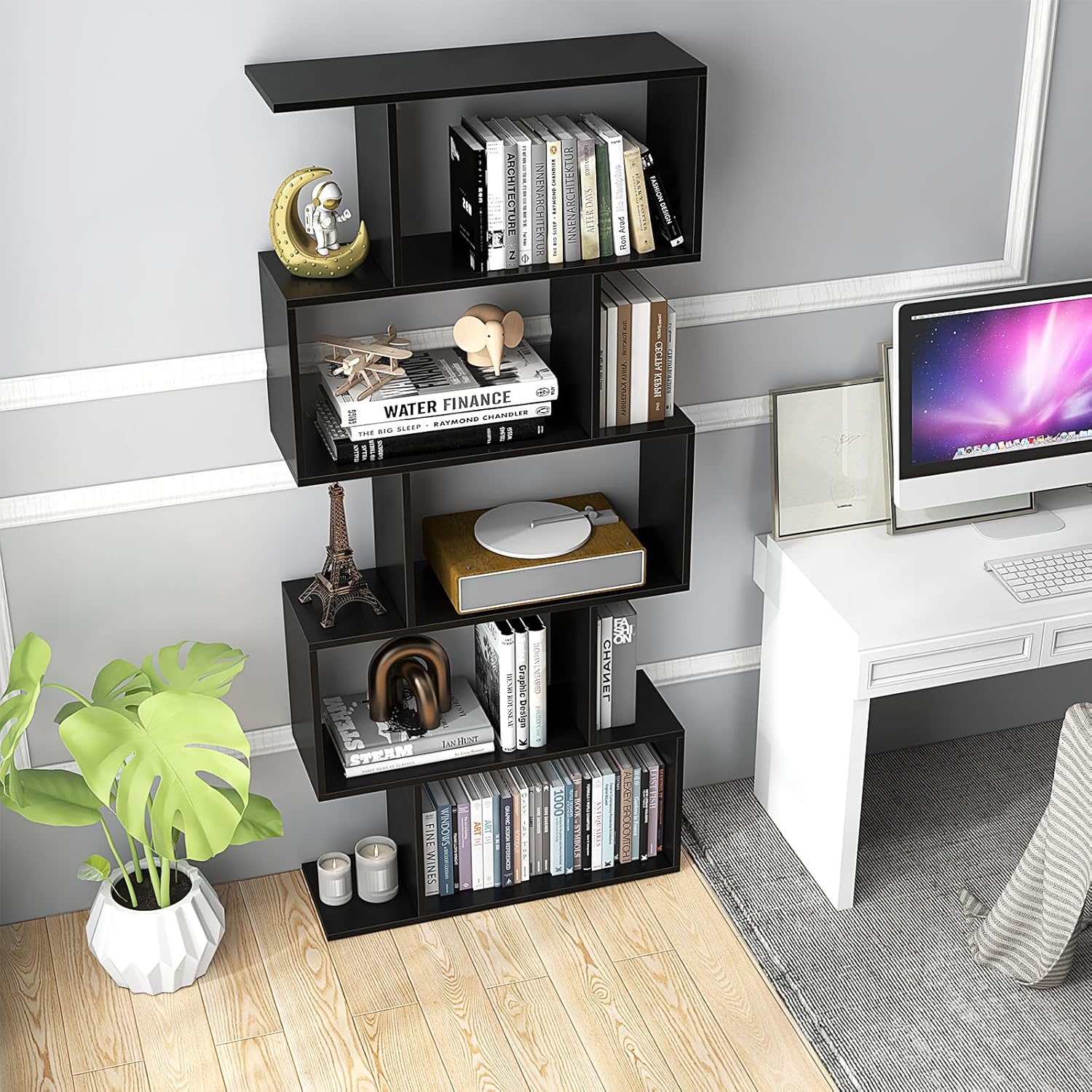 LOKO 5-Tier Bookshelf, S-Shaped Book Case with Anti-Toppling Device, Freestanding Home Organizer Room Divider Display Shelf, Open Storage Rack for Bedroom, Study (1, Black)