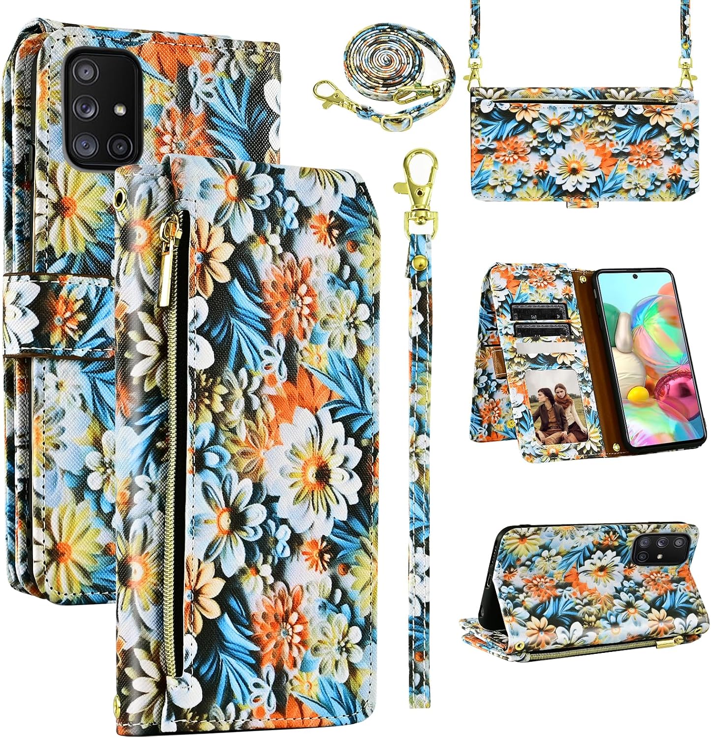 Zipper Floral Wallet Case for Samsung Galaxy A71 5G Women Men Brown