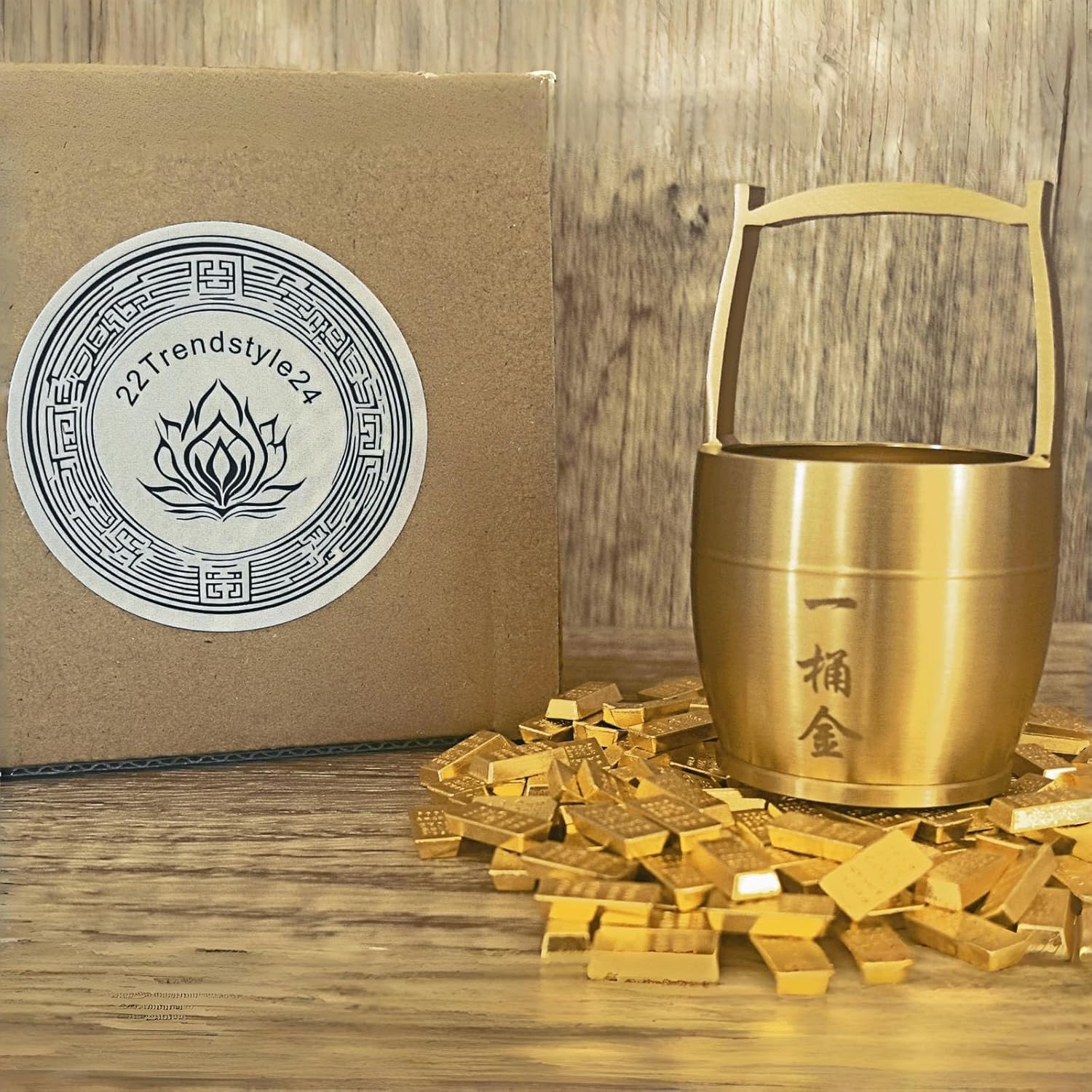 Money Bowl – Chinese Wealth Bowl Feng Shui, Brass Money Pail with 160 Gold Bricks, 2x2x3in 300g Antique Wealth Bucket for Home Office Desk Altar Prosperity Decor Gift