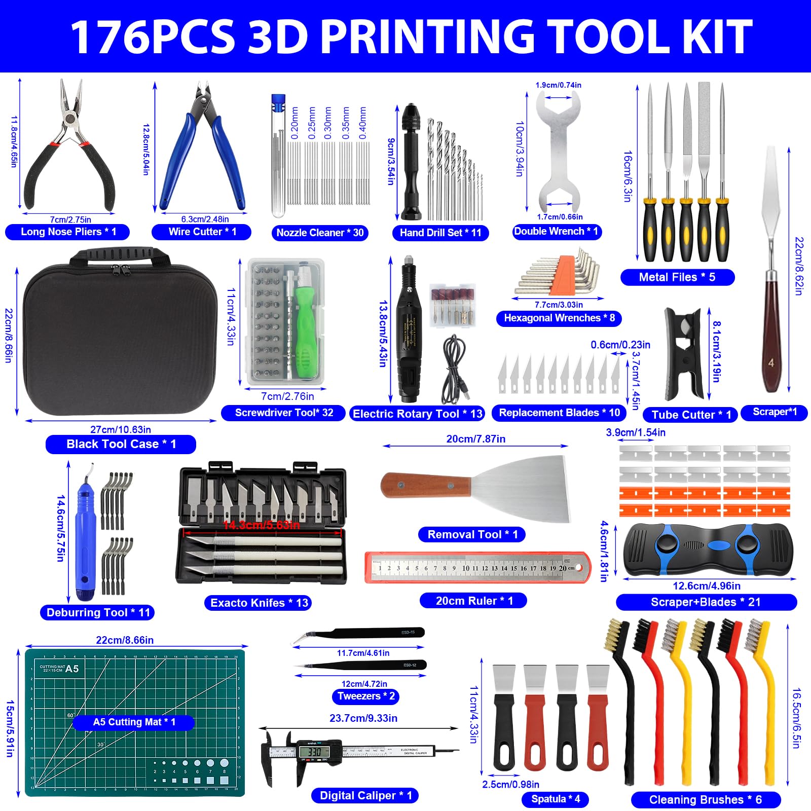 Accessori per Stampanti 3D 176 pezzi Kit di Strumenti per Stampante 3D Set di Sbavatura, Set di Pulizia Pinzette Pinze Utensili per la Rifinitura e la Lucidatura Utensili per Stampanti 3D