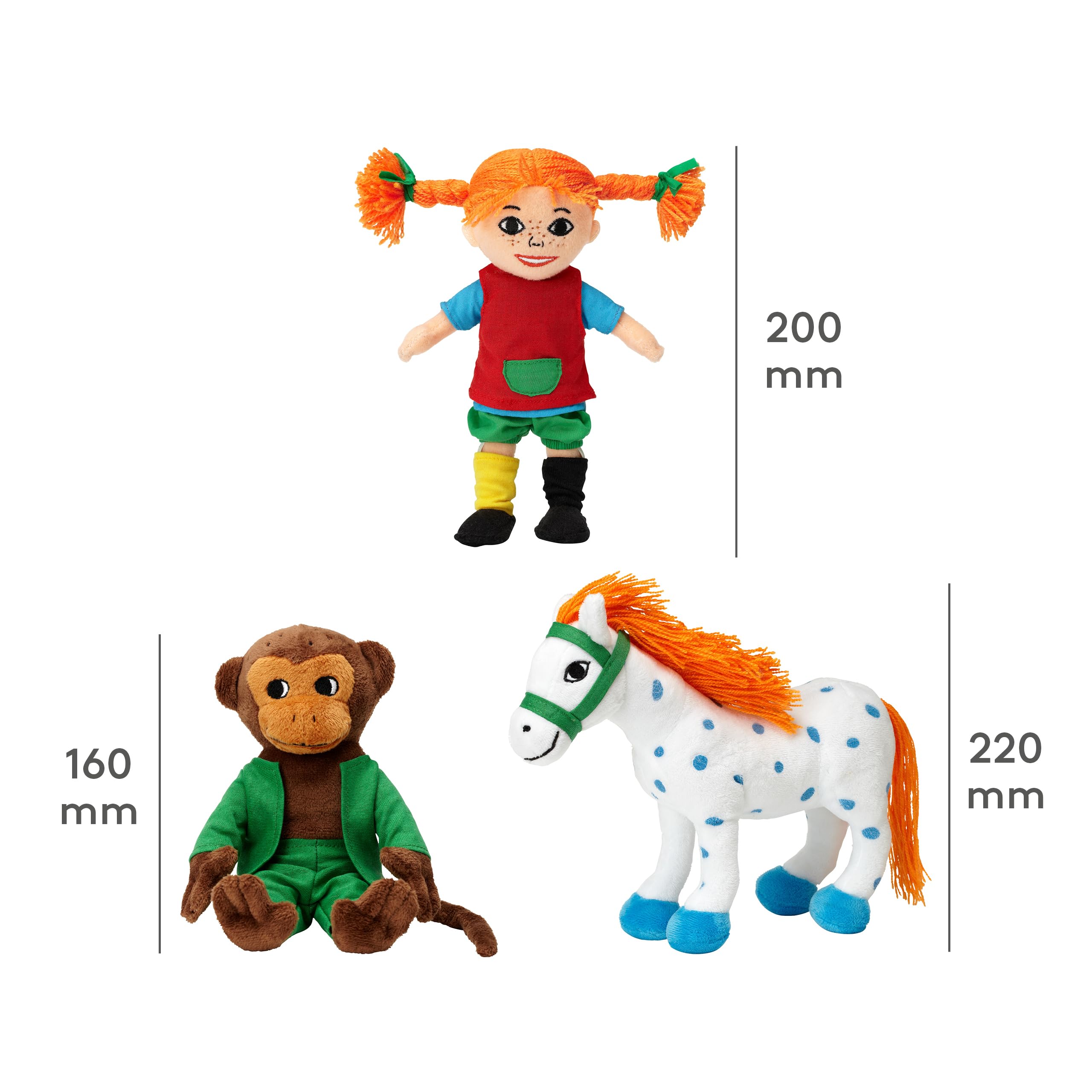 Pippi Langstrumpf Kuscheltier-Set - Mit Pippi Stoffpuppe (20 cm), Herr Nilsson AFFE (16 cm) & Kleiner Onkel Pferd (22 cm) - Offiziell lizenziert, Plüschtier klein für Kinder