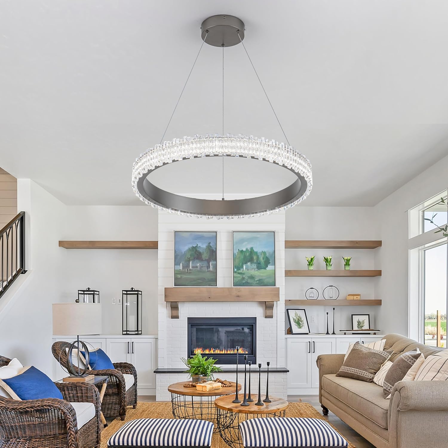 Modern Silver Grey Led Pendant Light,36W Dimmable LED Chandelier Lighting Fixture, 1 Ring Circular Hanging Led Pendant Lighting for Living Room Dining Room Kitchen Island Foyer Office